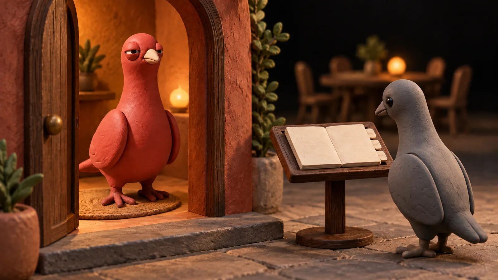 Pingo stands inside a small clay doorway while one gray pigeon reads an open unlettered folio from outside the threshold.