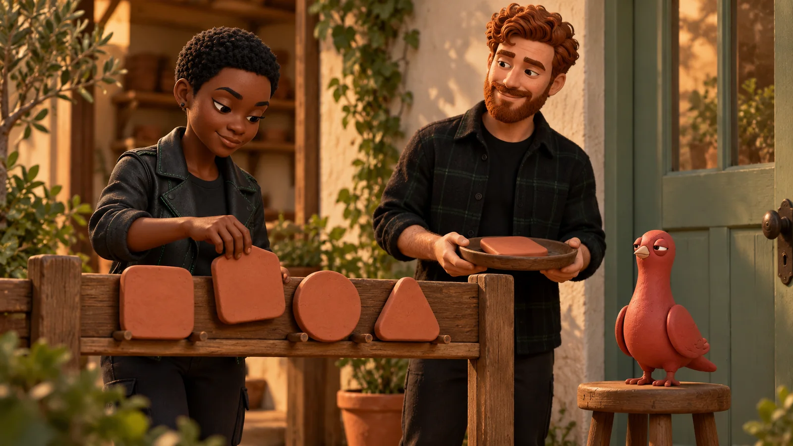 Two PingRoom avatars review a row of blank terracotta cue tiles at a workshop side entrance while Pingo supervises from a low stool.