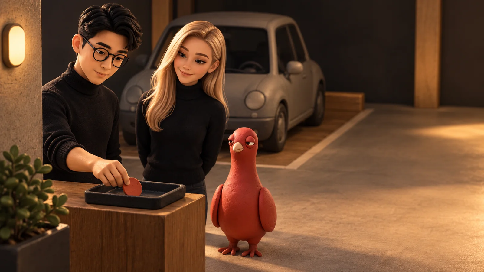 Two PingRoom avatars complete a shared parking handoff beside a stationary miniature car while Pingo watches a plain wooden token move into an occupied tray.