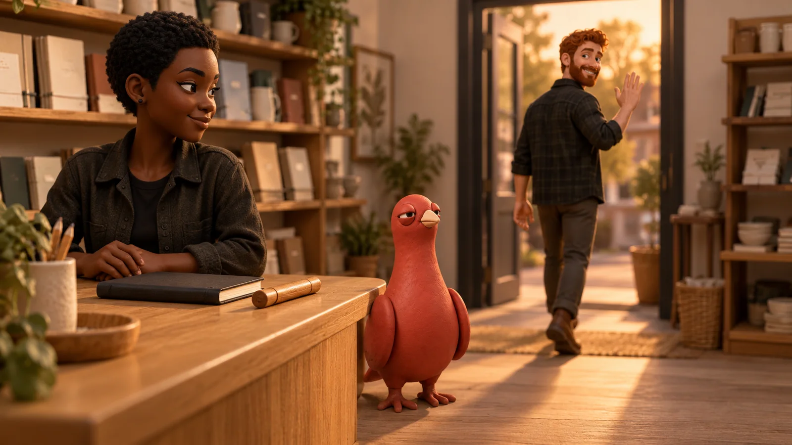 Pingo stands beside the incoming shop lead after a shift handoff while the outgoing teammate leaves through the doorway.