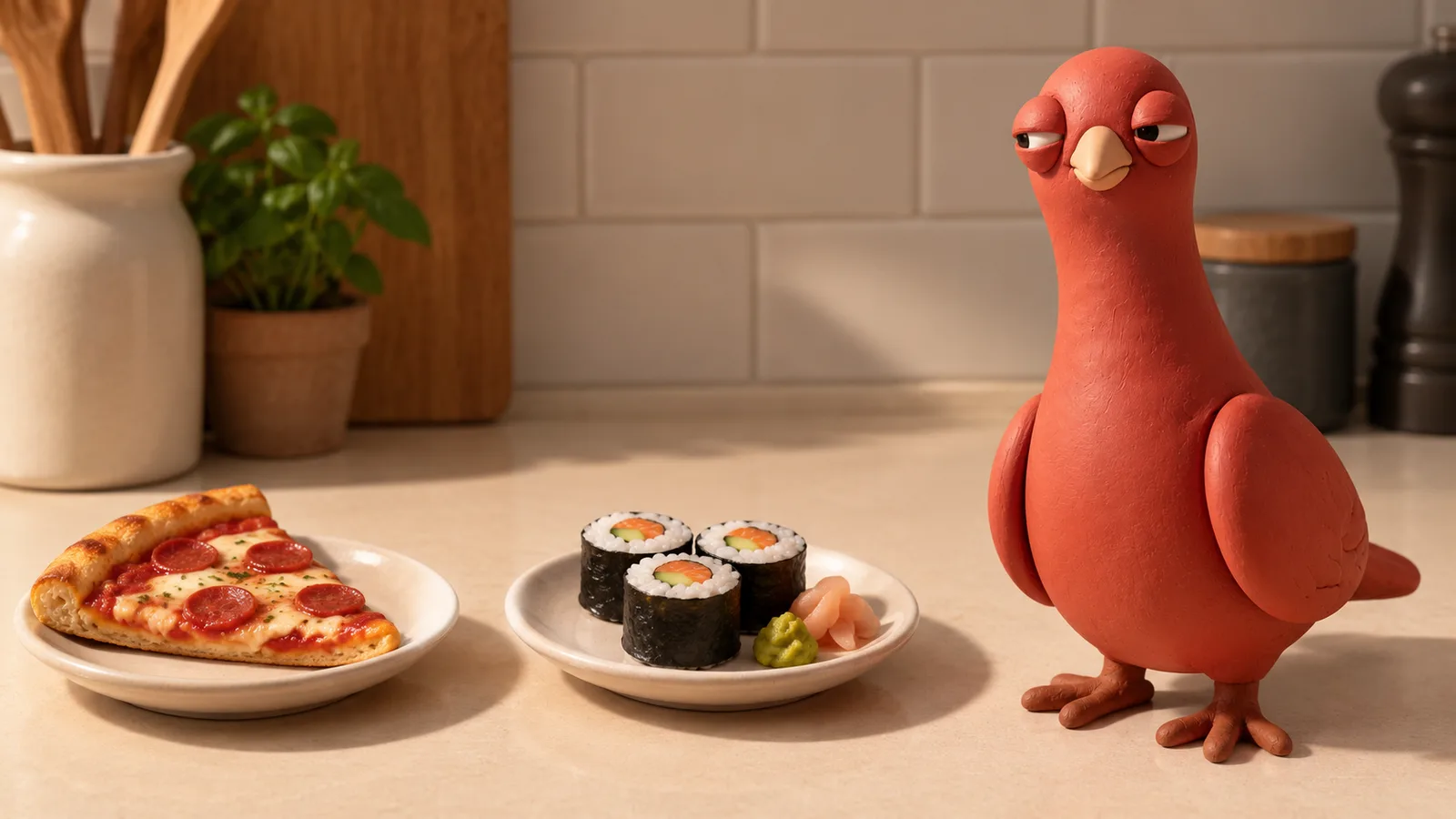 Pingo gives a sideways look toward two plates on an ivory kitchen counter: one with pizza and one with sushi.