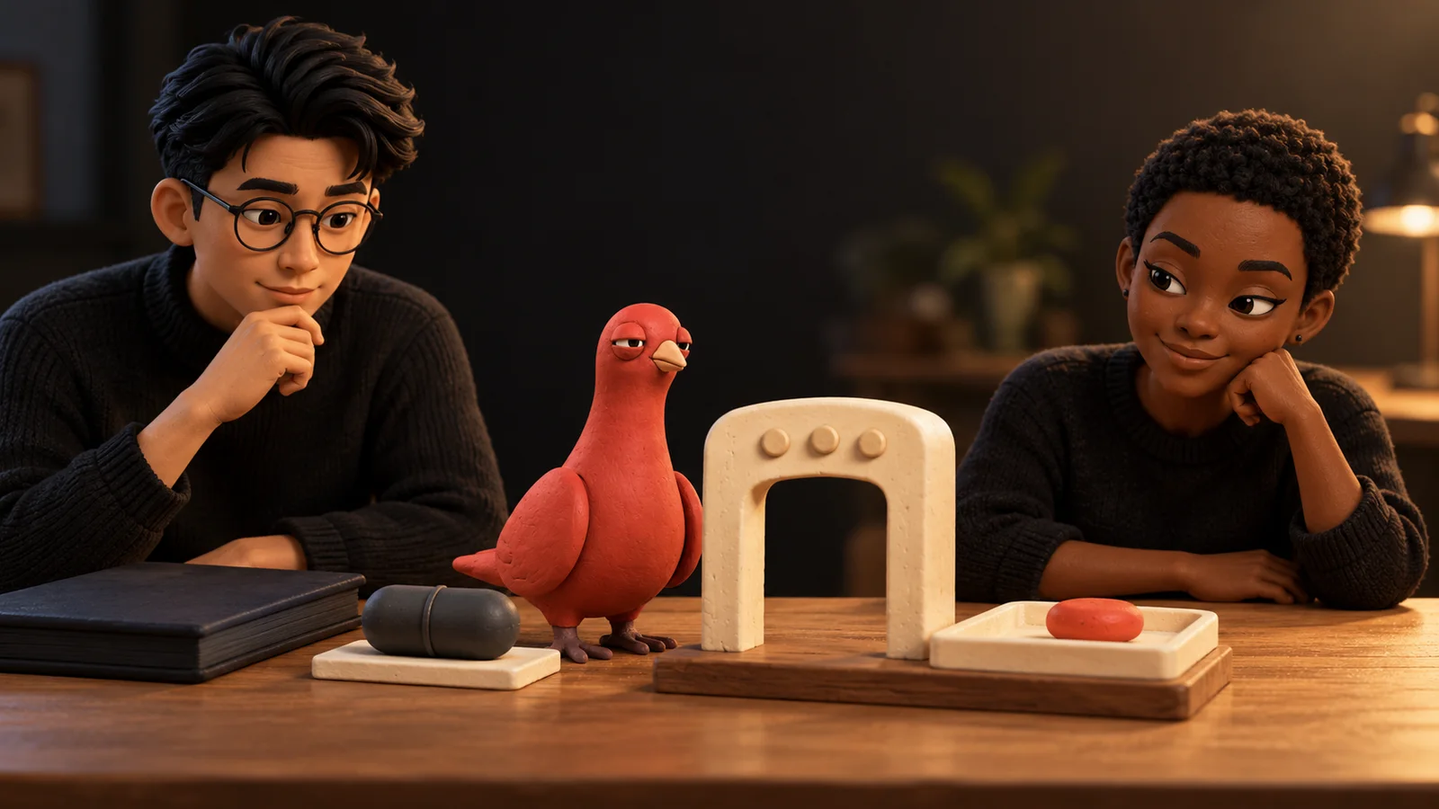 Two PingRoom avatars watch a sealed callback capsule and one plain alert pebble on opposite sides of an ivory gate while Pingo inspects the gate and a closed ledger stays shut.
