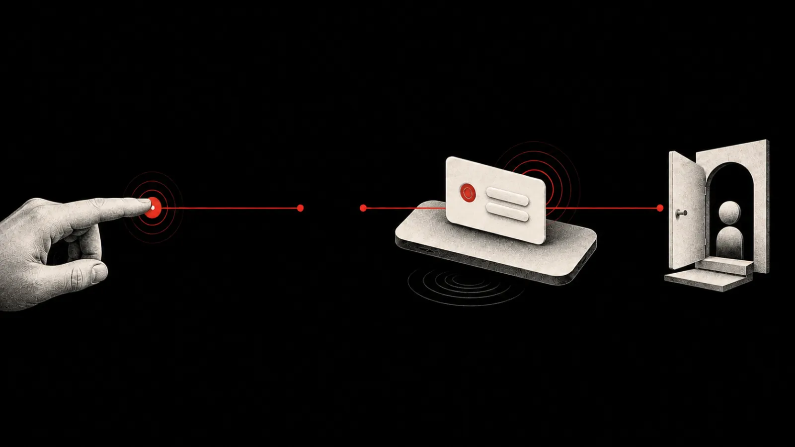 A sample Ping moves from a tap through a deliberate gap to a notification tile, tactile rings, and a later permission doorway.