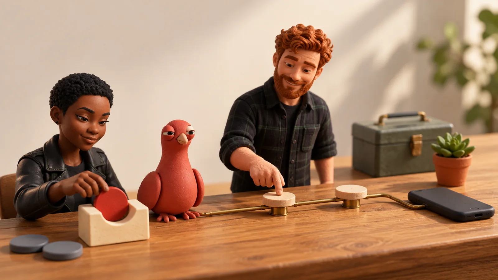 Two PingRoom avatars reset a red test token on a daylight bench while Pingo watches the path to a face-down phone.