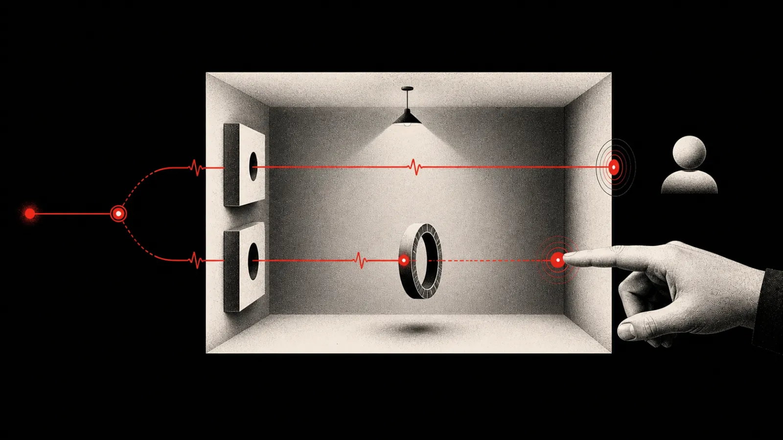 Two Signal Red paths cross one room independently: priority reaches a recipient while confirmation waits for a human tap.