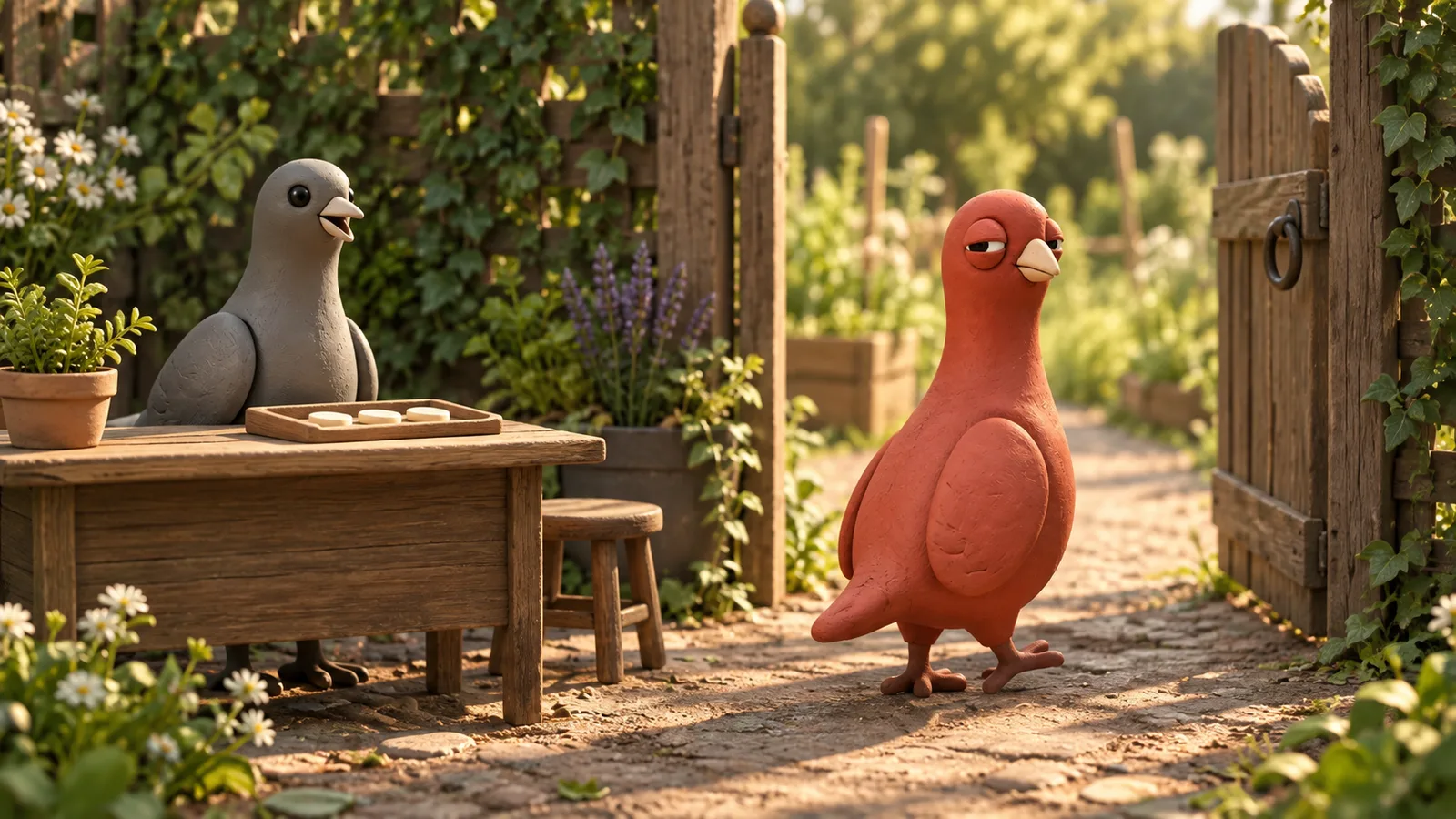 Pingo walks toward an open garden gate while a gray pigeon takes over the welcome table beside an empty stool.