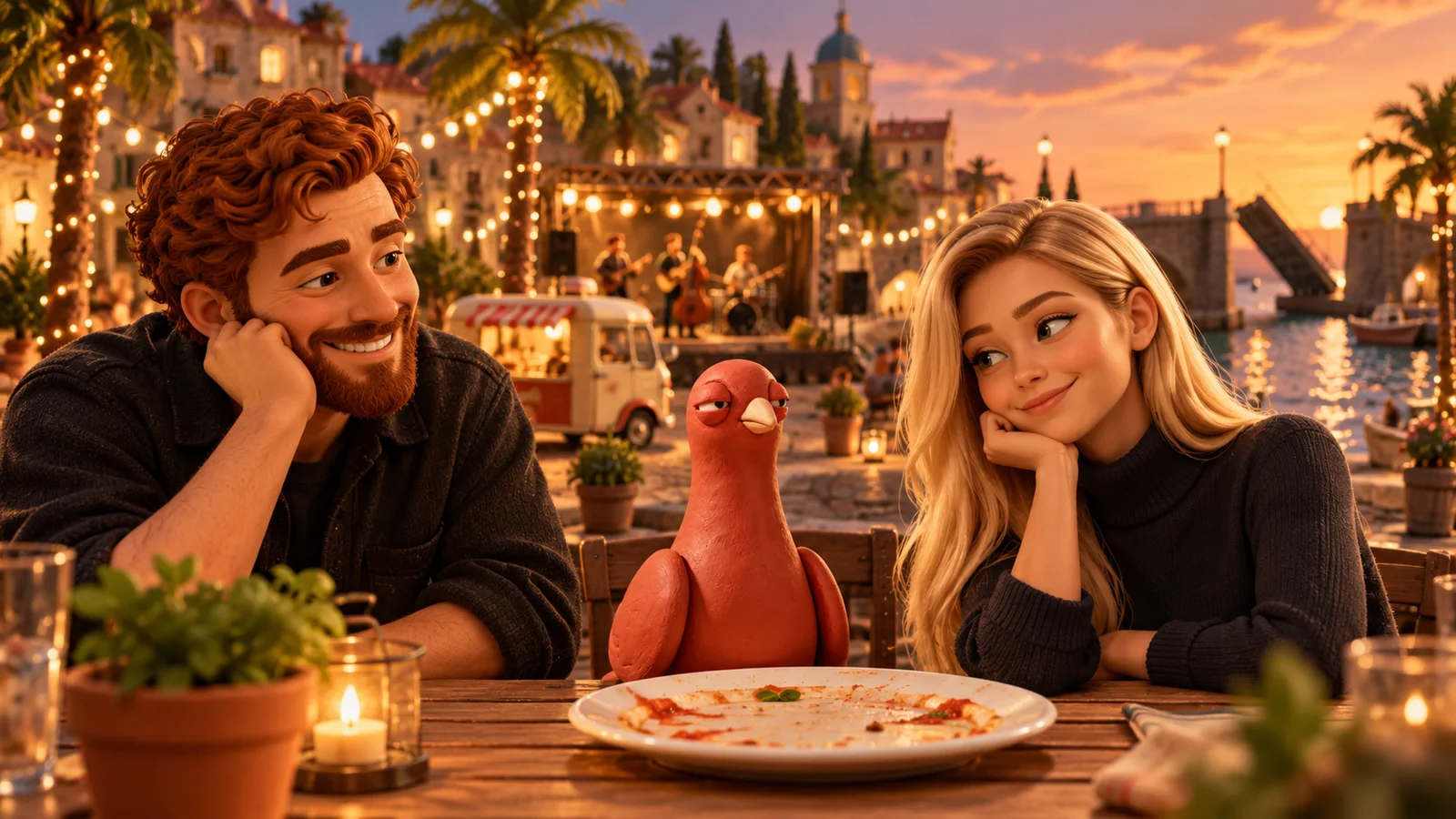 Pingo sits beside an empty pizza plate with two PingRoom avatars at a miniature waterfront cafe; a delivery van and illuminated festival stage stand behind them.
