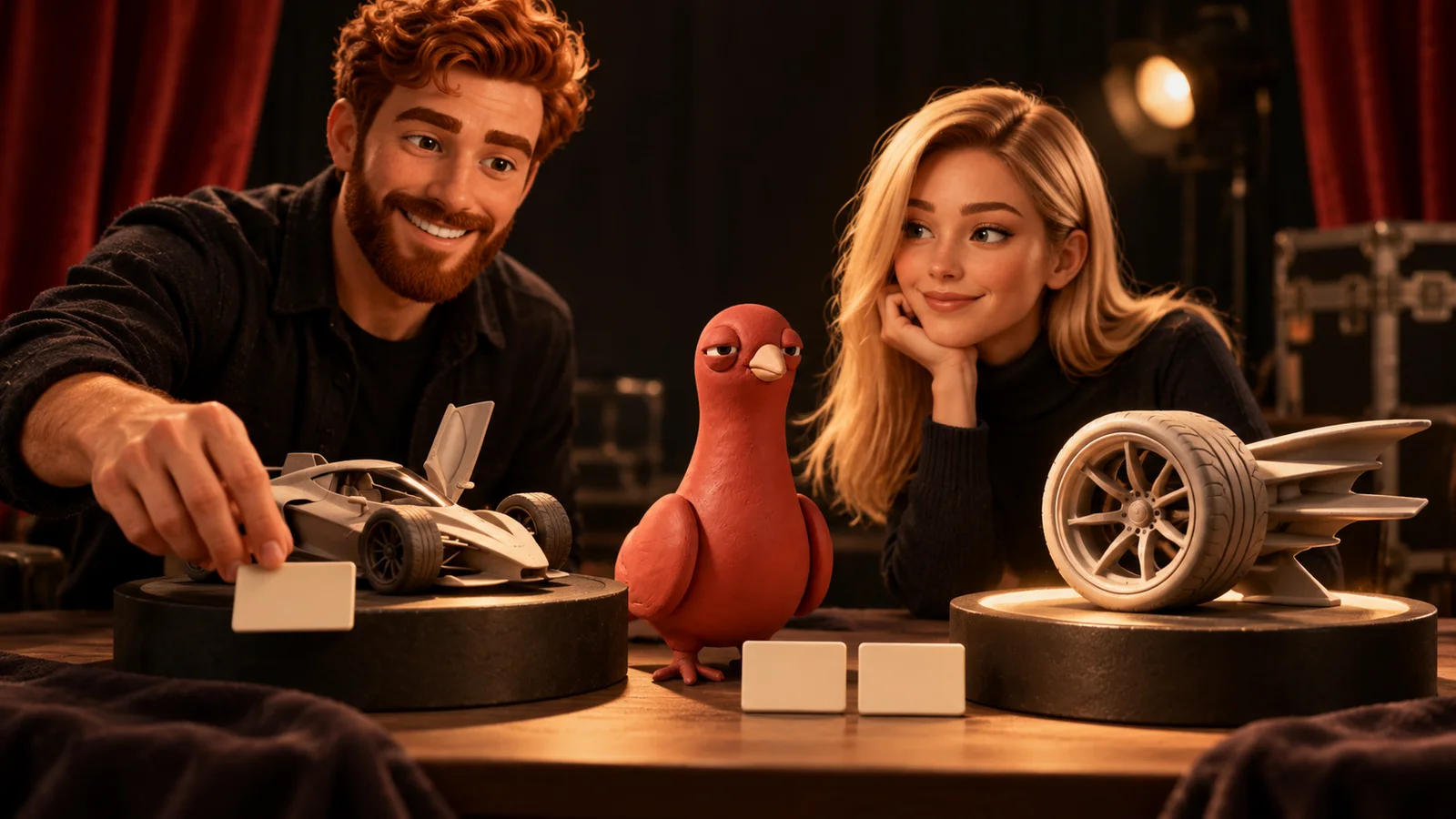 Pingo watches two PingRoom avatars choose between physical sports-car and wheel display models using blank selection tiles.