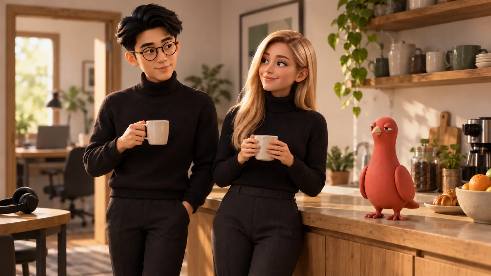 Two PingRoom avatars share a coffee break while Pingo stands on the kitchen counter.