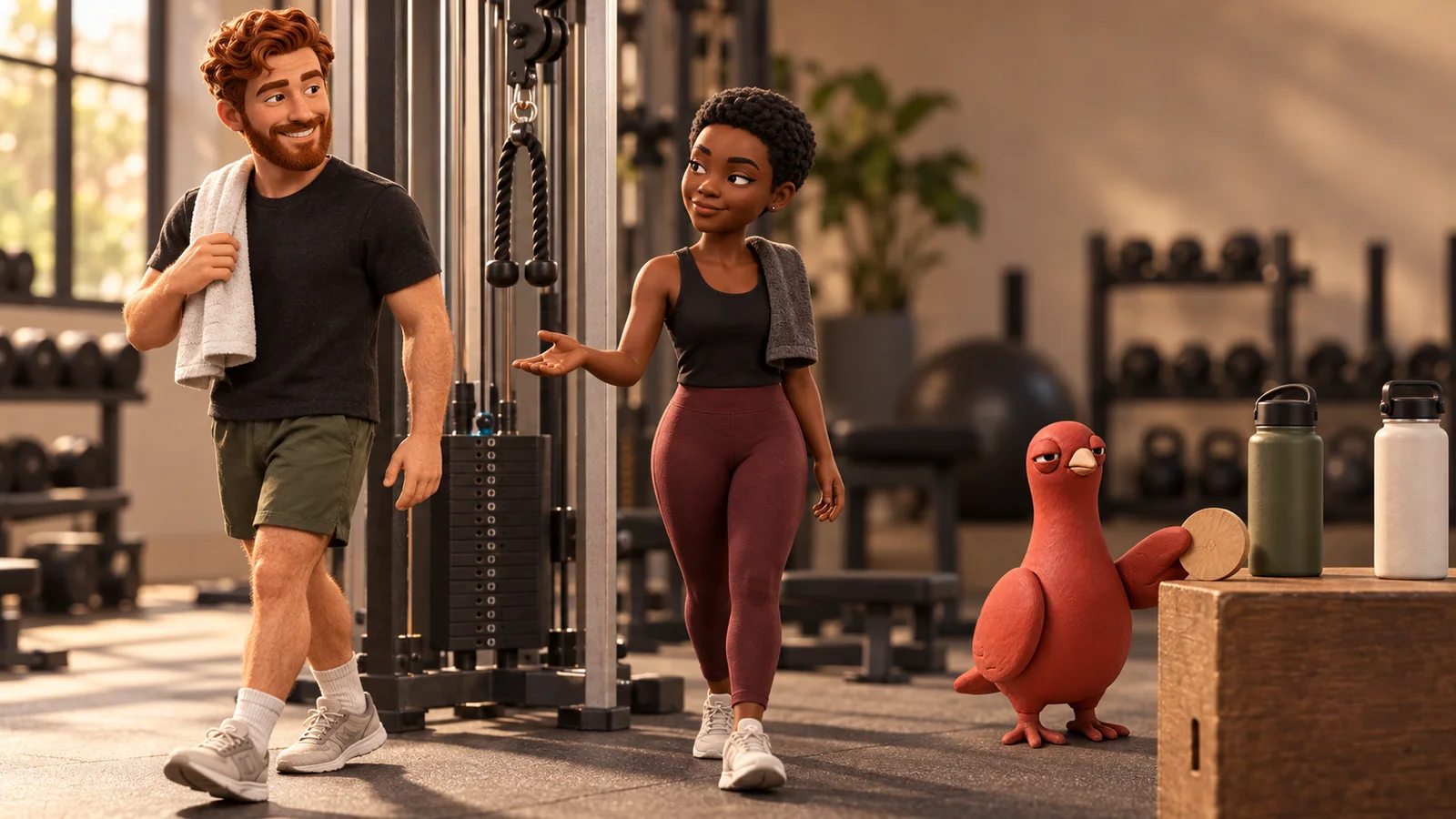 Two workout partners exchange stations beside a cable machine at rest while Pingo moves one plain wooden marker near their towels and water bottles.