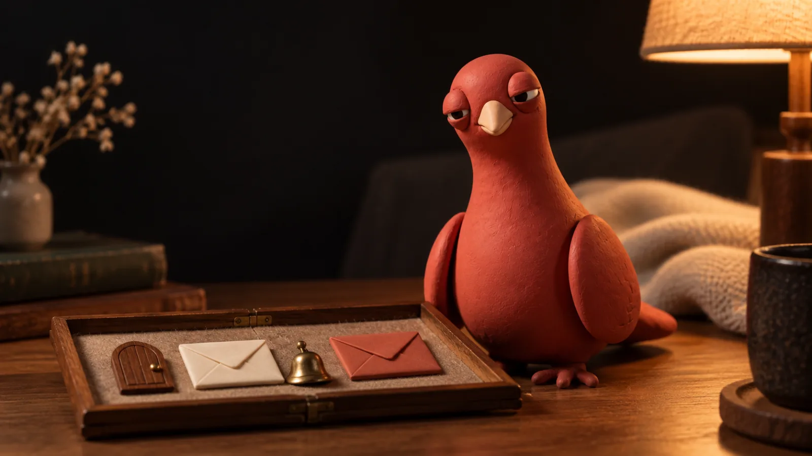 Pingo sits beside an open wooden folio containing a room-door token, two sealed envelopes, and a small brass bell.