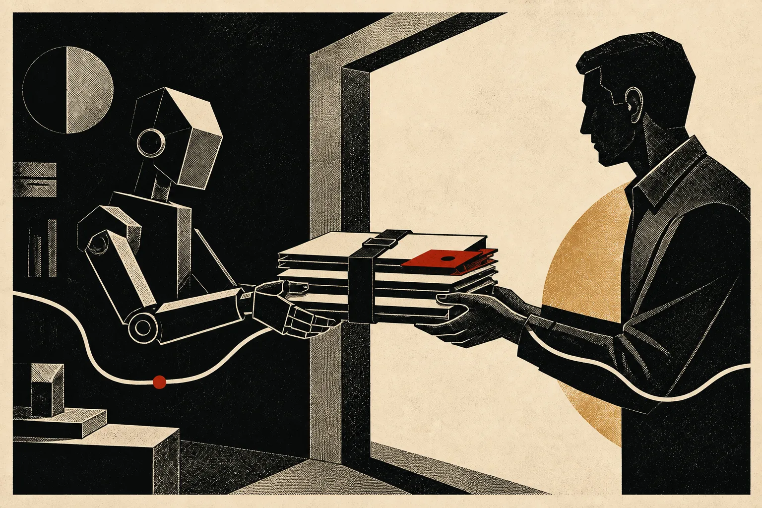 A software agent passes completed work and one highlighted unresolved decision across a threshold to a human.