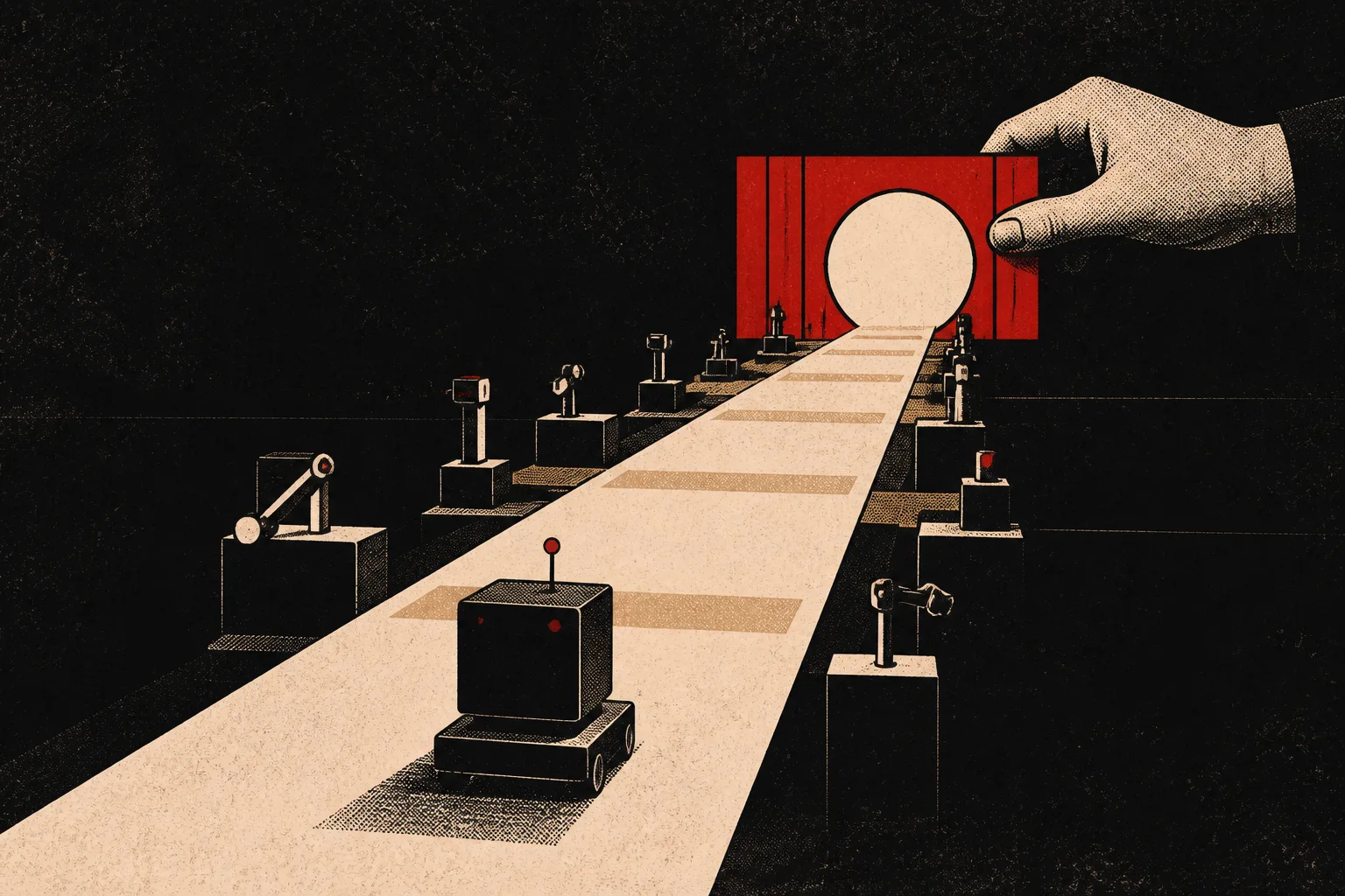 A capable machine follows a clear path toward a gate held by a human hand.